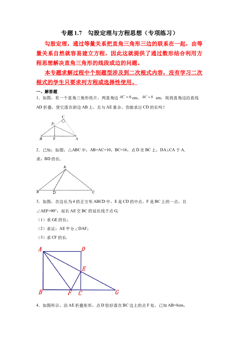 专题1.7勾股定理与方程思想（专项练习）-2021-2022学年八年级数学上册基础知识专项讲练（北师大版）_北师大初中数学_8上-北师大版初中数学_旧版_06专项讲练