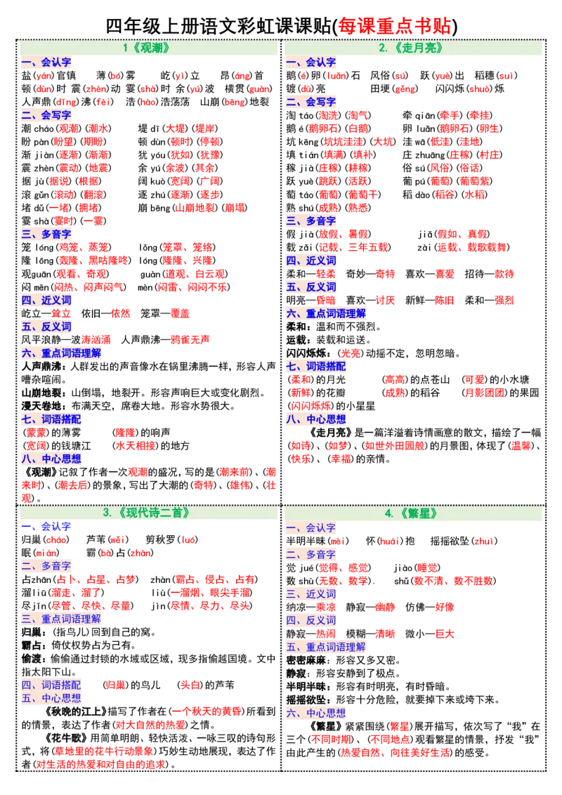 0823四年级上册语文彩虹课课贴(每课重点书贴)(1-12课)(1)_小学1-6年级常用的上册资源汇总_四年级上册资料(1)
