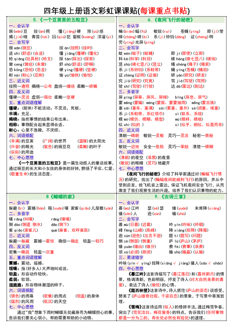 0823四年级上册语文彩虹课课贴(每课重点书贴)(1-12课)(1)_小学1-6年级常用的上册资源汇总_四年级上册资料(1)