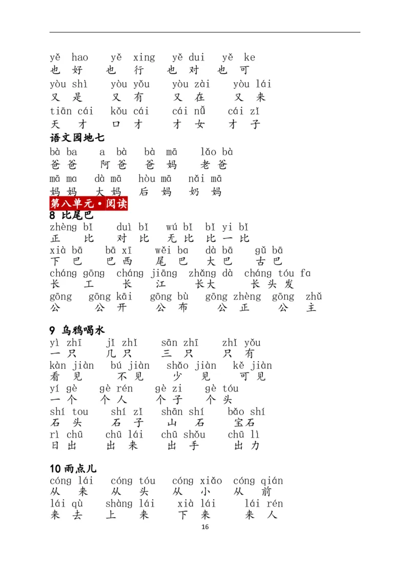 1上：看拼音写词语（含答案）_小学1-6年级常用的上册资源汇总_一年级上册资料