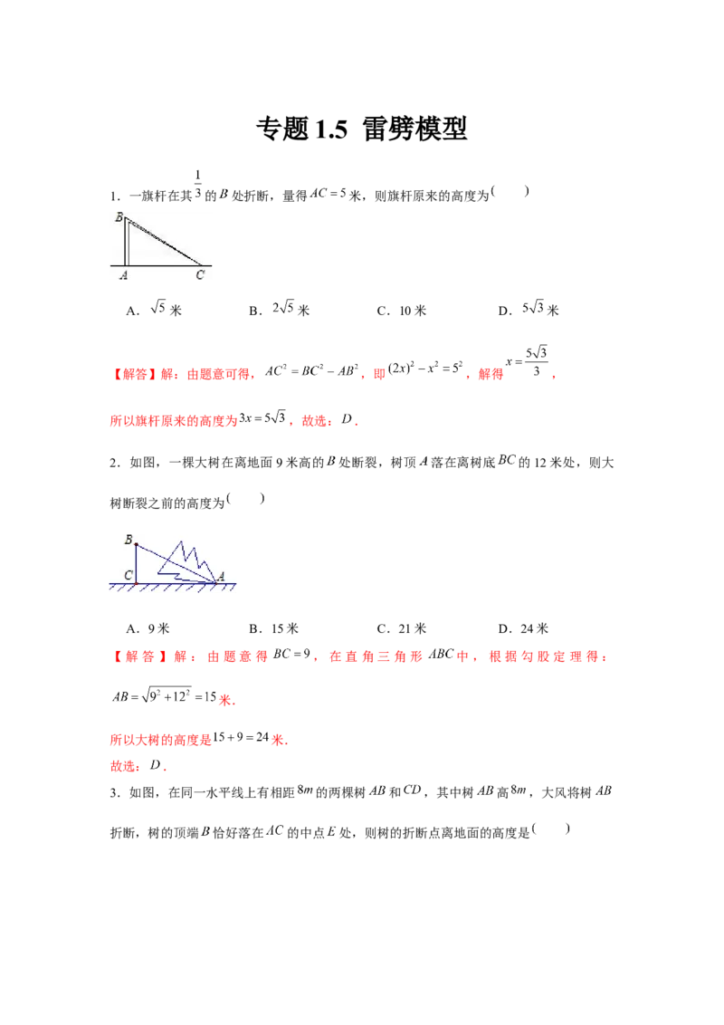 专题1.5雷劈模型（强化）（解析版）_北师大初中数学_8上-北师大版初中数学_旧版_06专项讲练_题型分层练2022-2023学年八年级数学上册单元题型精练（基础题型+强化题型）（北师大版）