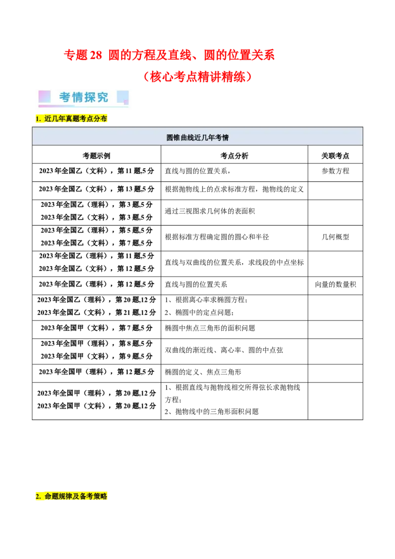 专题28圆的方程及直线、圆的位置关系（学生版）_02高考数学_通用版（老高考）复习资料_2024年复习资料_完备战2024年高考数学一轮复习考点帮（全国通用）_核心考点讲练