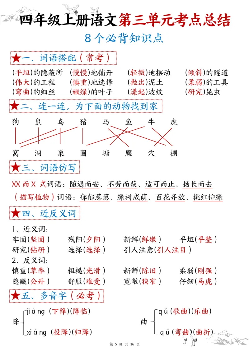 1-8单元考点默写四上语文答案(1)_小学1-6年级常用的上册资源汇总_四年级上册资料(1)