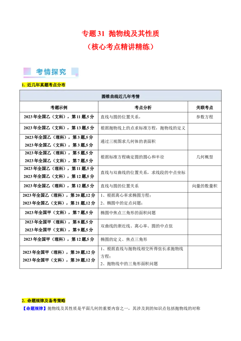 专题31抛物线及其性质（学生版）_02高考数学_通用版（老高考）复习资料_2024年复习资料_完备战2024年高考数学一轮复习考点帮（全国通用）_核心考点讲练