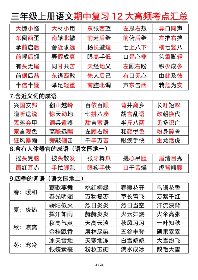 10.23三年级上册语文期中复习12大高频考点汇总_小学1-6年级常用的上册资源汇总_三年级上册资料(1)