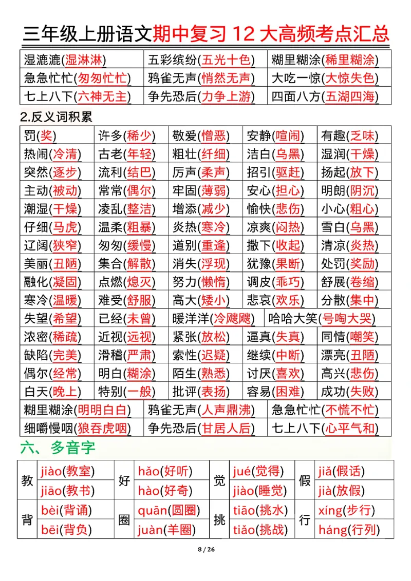 10.23三年级上册语文期中复习12大高频考点汇总_小学1-6年级常用的上册资源汇总_三年级上册资料(1)
