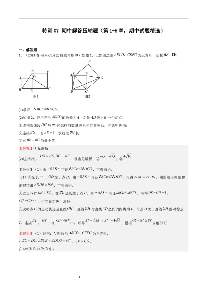 特训07期中解答压轴题（第1-5章，期中试题精选）（解析版）_北师大初中数学_9上-北师大版初中数学_05习题试卷_5专项练习