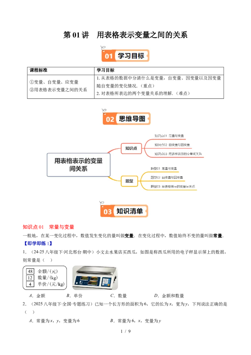 第6章第01讲用表格表示变量之间的关系（3个知识点+3类热点题型讲练+习题巩固）（原卷版）_北师大初中数学_7下-北师大版初中数学_7下-初中数学北师大版（2025春季新版）持续更新