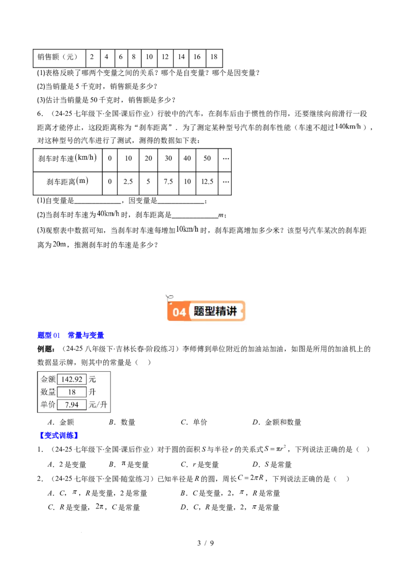 第6章第01讲用表格表示变量之间的关系（3个知识点+3类热点题型讲练+习题巩固）（原卷版）_北师大初中数学_7下-北师大版初中数学_7下-初中数学北师大版（2025春季新版）持续更新