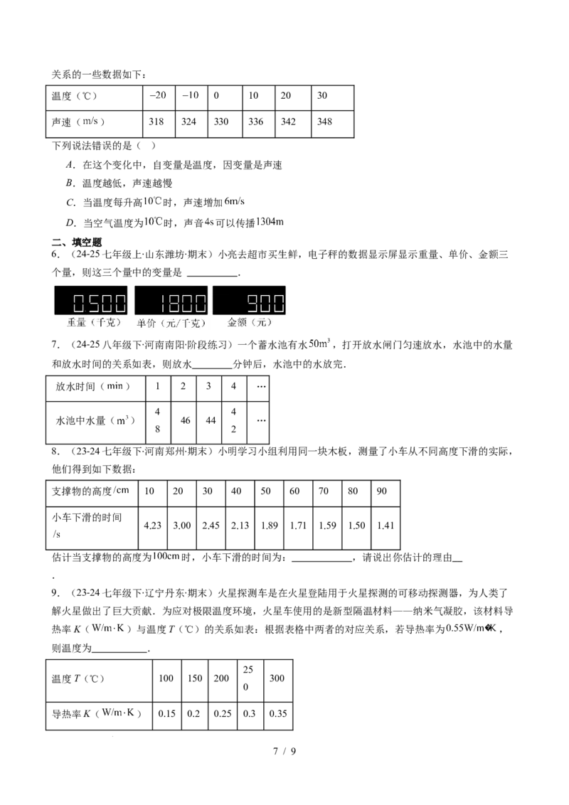 第6章第01讲用表格表示变量之间的关系（3个知识点+3类热点题型讲练+习题巩固）（原卷版）_北师大初中数学_7下-北师大版初中数学_7下-初中数学北师大版（2025春季新版）持续更新