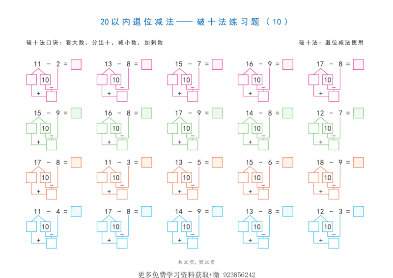 20以内加减法之凑十法、破十法、平十法图解练习题(1)_小学1-6年级常用的上册资源汇总_一年级上册资料