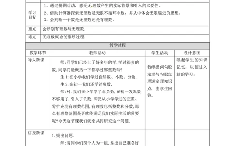 核心素养目标2.1认识无理数教学设计_北师大初中数学_8上-北师大版初中数学_旧版_01课件+教案核心素养目标_教案