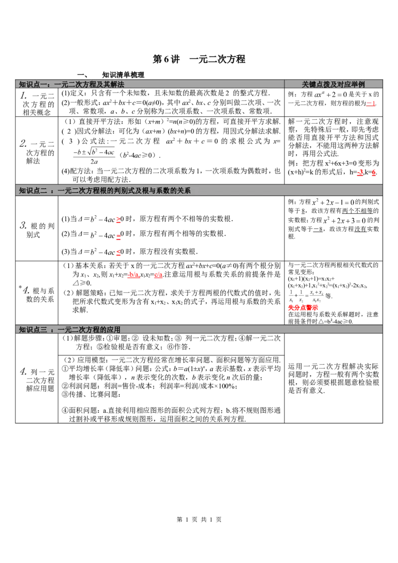 第6讲一元二次方程_北师大初中数学_9下-北师大版初中数学_07知识点总结_赠送：中考知识点梳理_第二单元方程(组)与不等式(组)