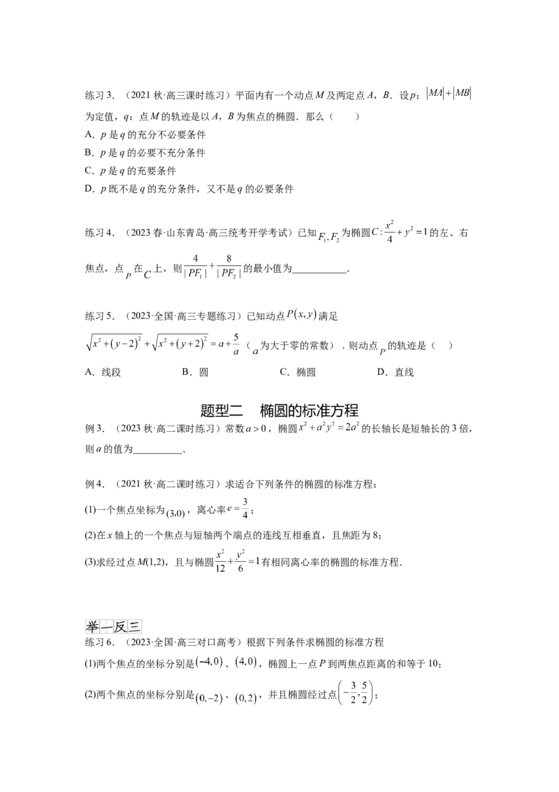 专题9.3椭圆（原卷版）_02高考数学_新高考复习资料_2024年新高考资料_一轮复习资料_完备战2024年新高考数学一轮复习题型突破精练（新高考）_专题9.3+椭圆
