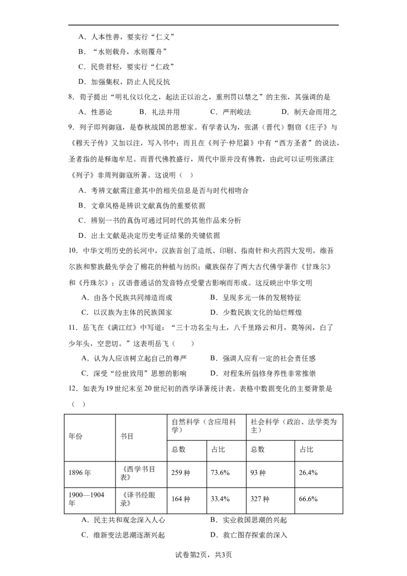 中华优秀传统文化的内涵与特点专项练习--2024届高三历史统编版二轮复习原卷版_07高考历史_2024年新高考资料_2.2024二轮复习_2024届高三历史统编版二轮复习专项训练