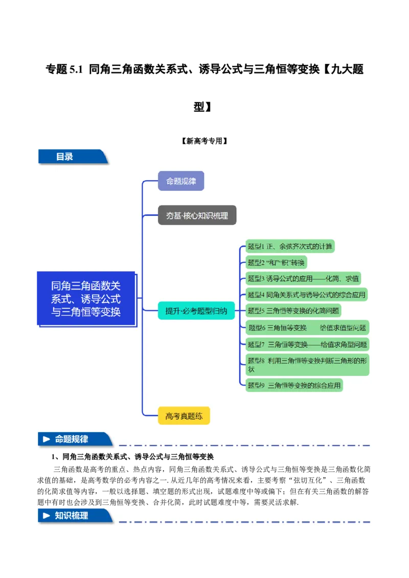 专题5.1同角三角函数关系式、诱导公式与三角恒等变换九大题型（讲义）（举一反三）（新高考专用）（解析版）_02高考数学_2025年新高考资料_二轮复习_一、热点题型篇