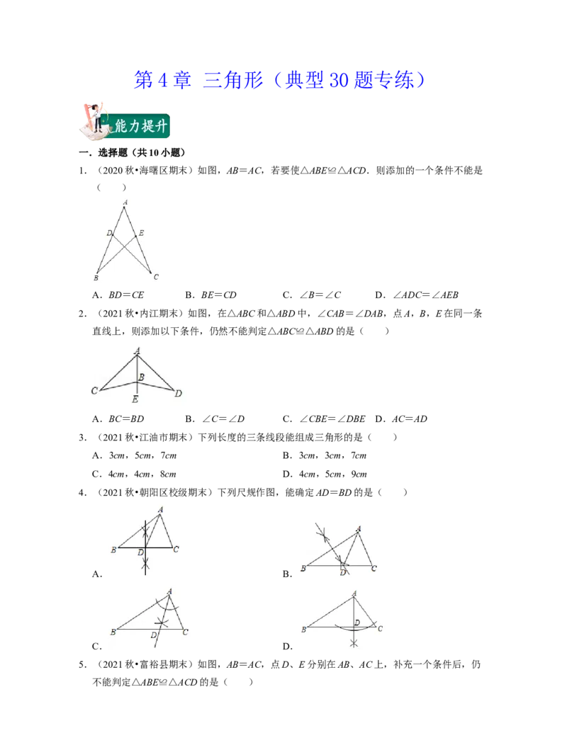 第4章三角形（典型30题专练）2021-2022学年七年级数学下学期考试满分全攻略（北师大版）（原卷版）_北师大初中数学_7下-北师大版初中数学_7下-初中数学北师大版（旧版）赠送_06专项讲练