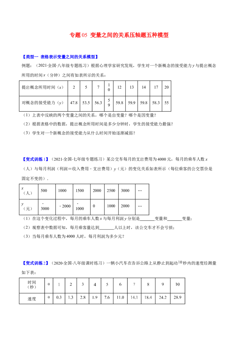 压轴突围专题05变量之间的关系压轴题五种模型（原卷版）_北师大初中数学_7下-北师大版初中数学_7下-初中数学北师大版（旧版）赠送_06专项讲练