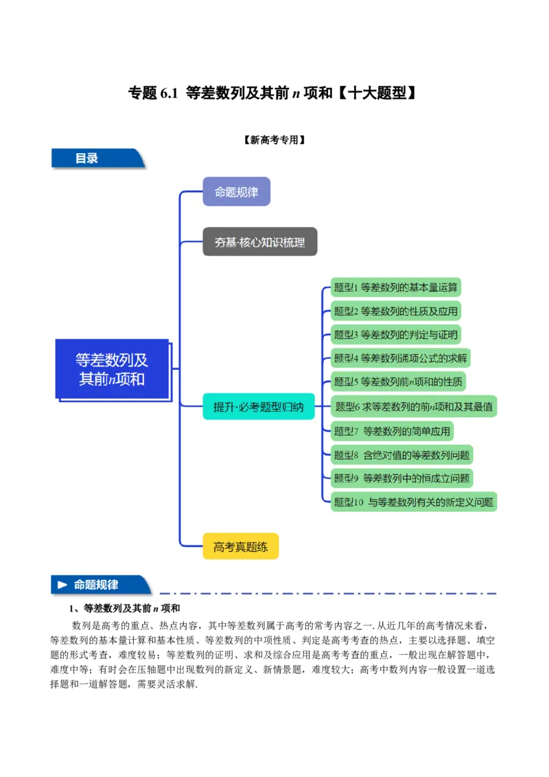 专题6.1等差数列及其前n项和十大题型（讲义）（举一反三）（新高考专用）（原卷版）_02高考数学_2025年新高考资料_二轮复习_一、热点题型篇