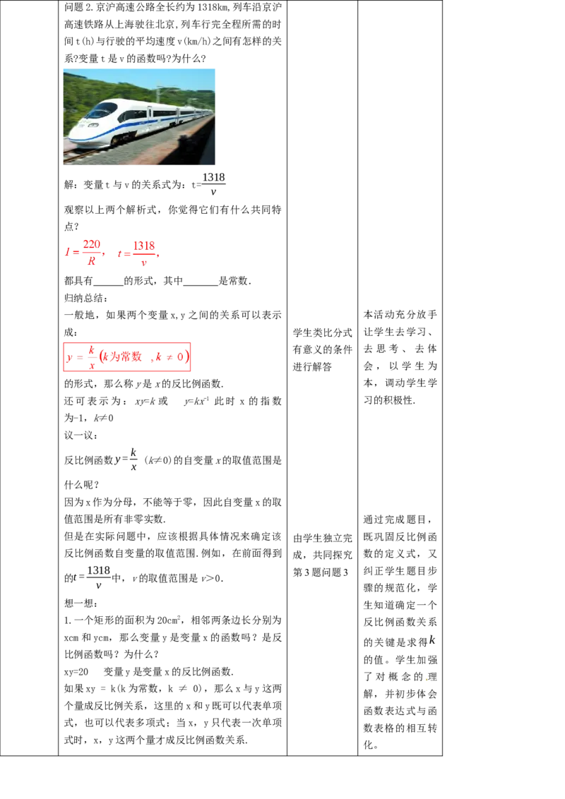 核心素养目标6.1反比例函数教学设计_北师大初中数学_9上-北师大版初中数学_01课件+教案核心素养目标_教案