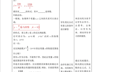 核心素养目标6.1反比例函数教学设计_北师大初中数学_9上-北师大版初中数学_01课件+教案核心素养目标_教案