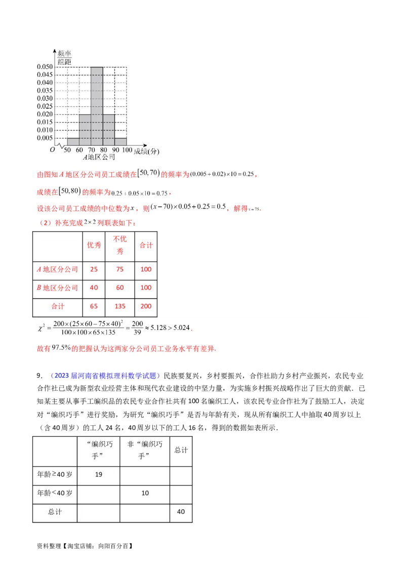 专题42重点专训统计大题专项训练（文科）（教师版）_02高考数学_通用版（老高考）复习资料_2024年复习资料_完备战2024年高考数学一轮复习考点帮（全国通用）