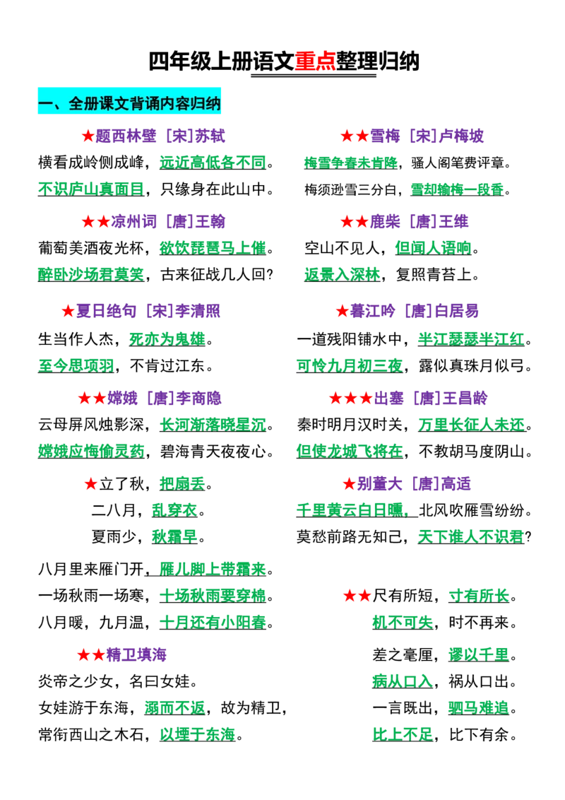 24秋四上语文必背汇总_满分资料专属_小学1-6年级常用的上册资源汇总_四年级上册资料(1)