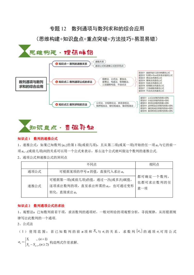 专题12数列通项与数列求和的综合应用（3知识点+5重难点+12方法技巧+2易错易混）（原卷版）_2025年新高考资料_一轮复习_上好课2025年高考数学一轮复习知识清单3246850