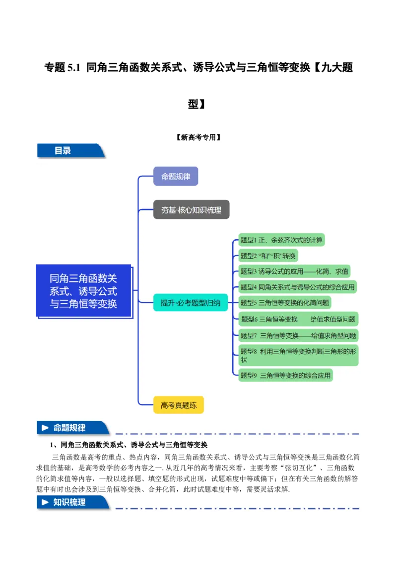 专题5.1同角三角函数关系式、诱导公式与三角恒等变换九大题型（讲义）（举一反三）（新高考专用）（原卷版）_02高考数学_2025年新高考资料_二轮复习_一、热点题型篇