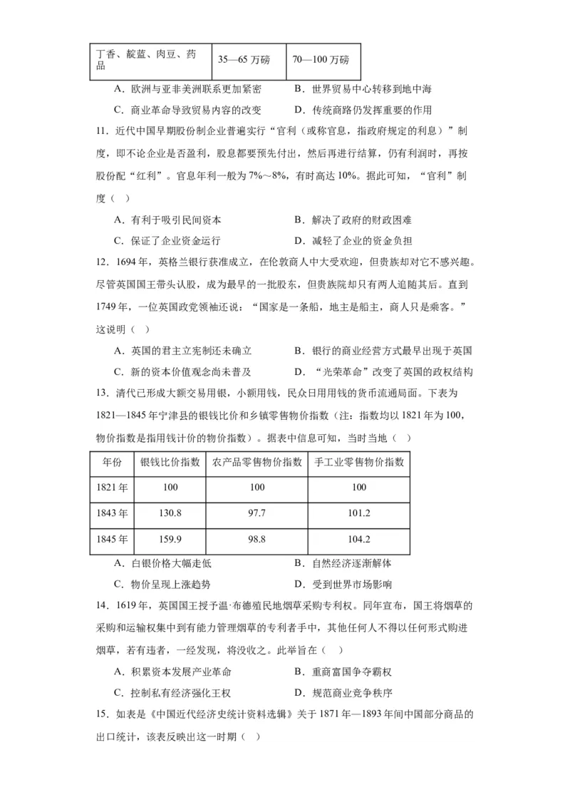 世界市场与商业贸易-2023-2024学年高三历史二轮（专题训练）原卷版_07高考历史_2024年新高考资料_2.2024二轮复习_2024届高三历史统编版二轮复习专项训练