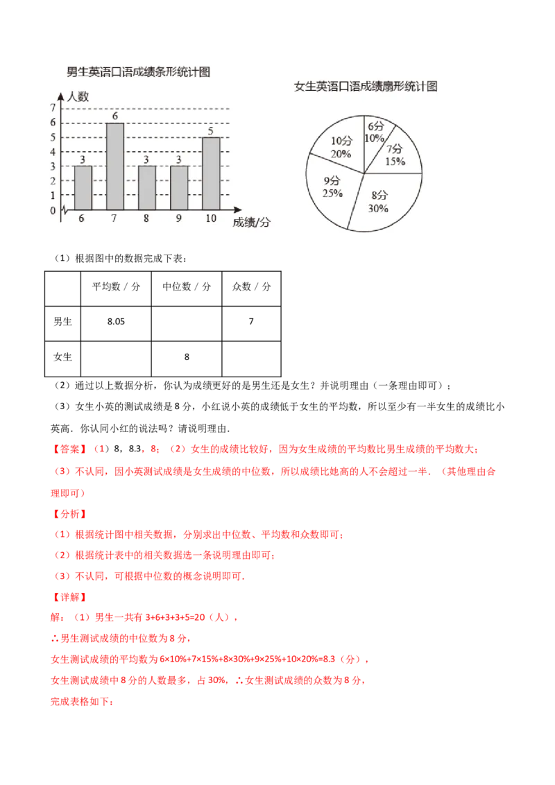 第3课时从统计图中中分析数据的集中趋势（分层练习）（解析版）_北师大初中数学_8上-北师大版初中数学_旧版_05习题试卷_1课时练习_同步练习（第1套）