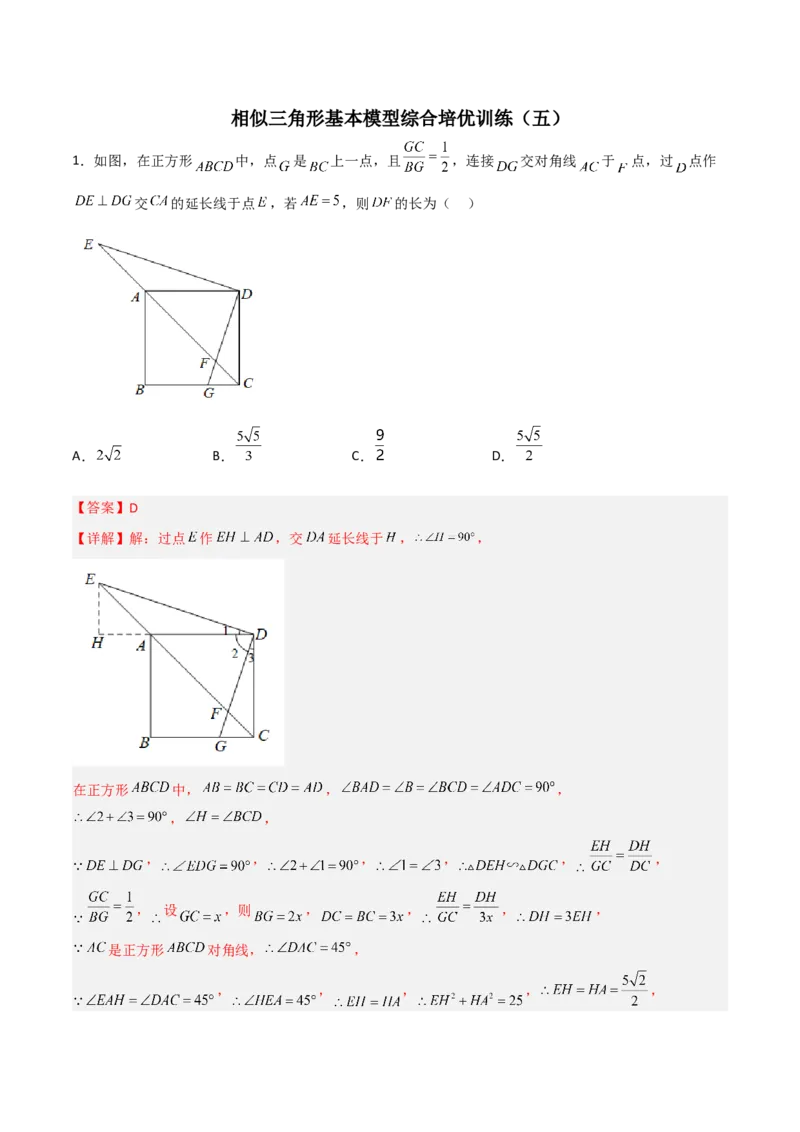 相似三角形基本模型综合培优训练（五）（解析版）_北师大初中数学_9下-北师大版初中数学_06专项讲练_2022-2023学年九年级数学相似三角形基本模型探究（北师大版）