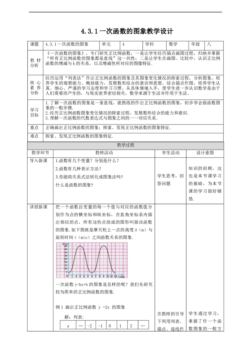 核心素养目标4.3.1一次函数的图象教学设计_北师大初中数学_8上-北师大版初中数学_旧版_01课件+教案核心素养目标_教案