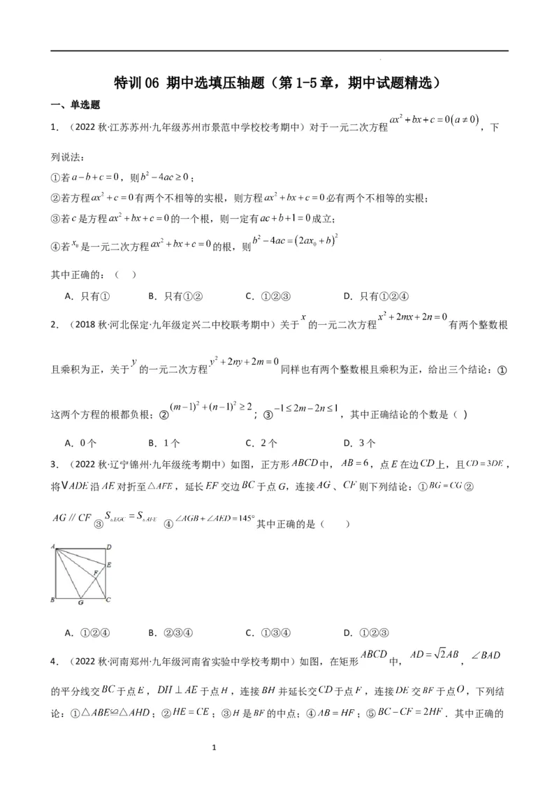 特训06期中选填压轴题（第1-5章，期中试题精选）（原卷版）_北师大初中数学_9上-北师大版初中数学_05习题试卷_5专项练习