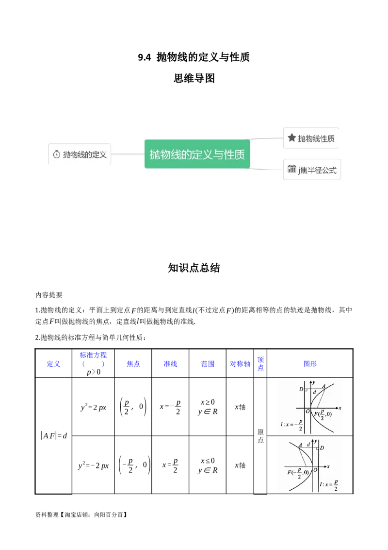 专题9.4抛物线的定义与性质(解析版)_02高考数学_新高考复习资料_2024年新高考资料_一轮复习资料_2024年高考数学一轮复习《考点&bull;题型&bull;技巧》精讲与精练高分突破系列（新高考专用）