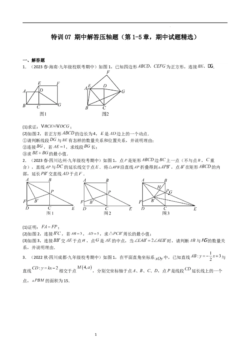特训07期中解答压轴题（第1-5章，期中试题精选）（原卷版）_北师大初中数学_9上-北师大版初中数学_05习题试卷_5专项练习