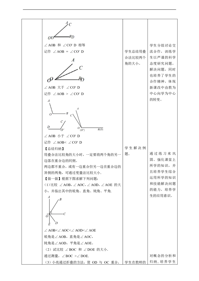 核心素养目标4.4角的比较教学设计_北师大初中数学_7上-北师大版初中数学_7上-初中数学北师大（旧版）赠送_01课件+教案核心素养目标_教案