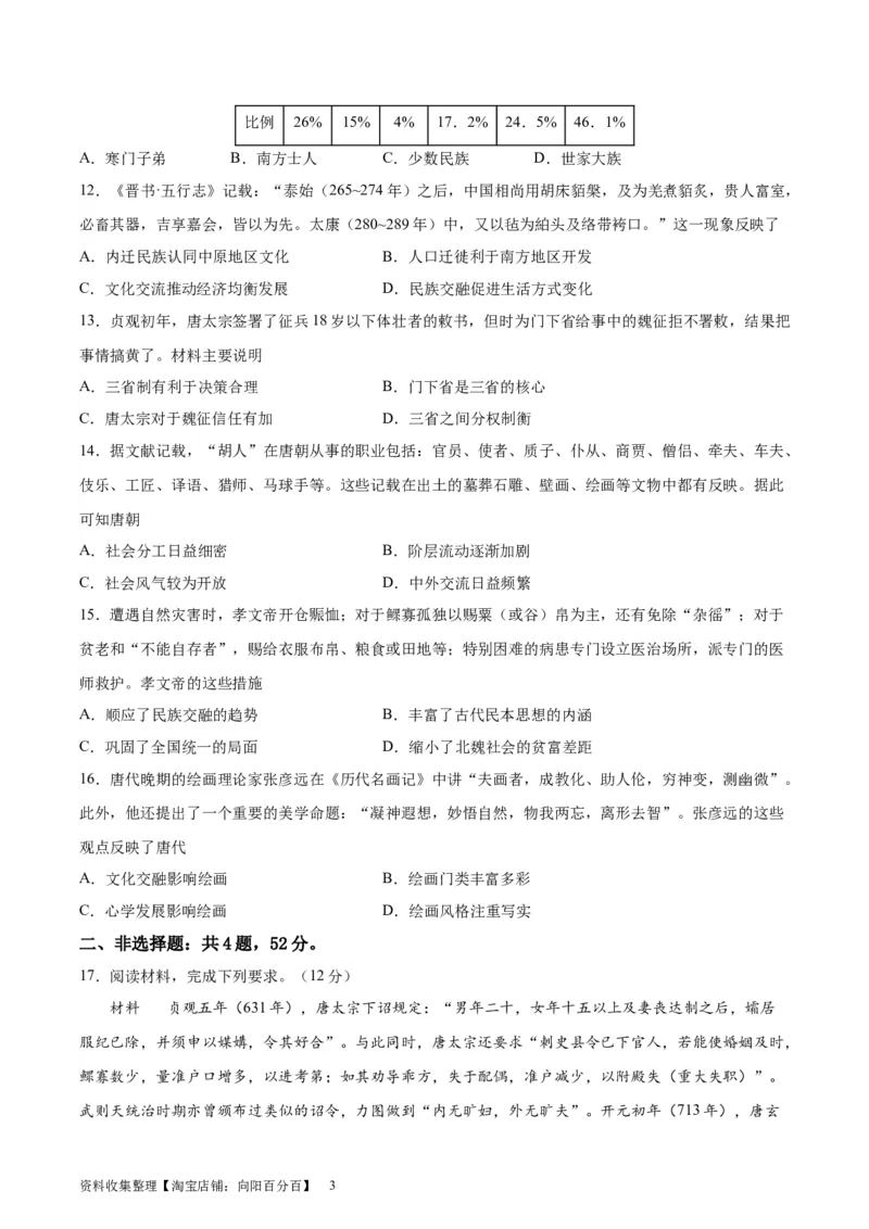 专题突破卷02三国两晋南北朝民族融合和隋唐统一多民族封建国家的发展(原卷版)_07高考历史_新高考复习资料_2024年新高考复习资料_一轮复习资料_专题突破卷