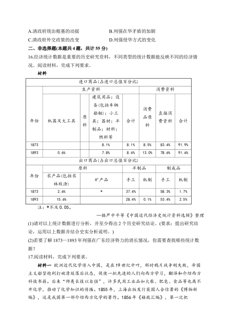 专题五晚清时期的内忧外患与救亡图存&mdash;2025届高考历史考点剖析（含解析）_07高考历史_2025年新高考资料_一轮复习_2025届高考历史考点剖析练习（含解析）