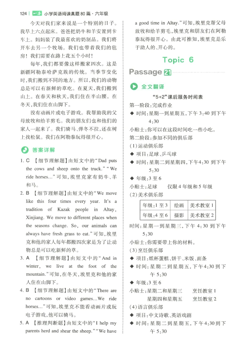 2026版第5次一本英语阅读真题80篇-6年级-参考答案_小学教辅2026新版+暑假衔接_2026版第5次一本英语阅读真题80篇3-6年级