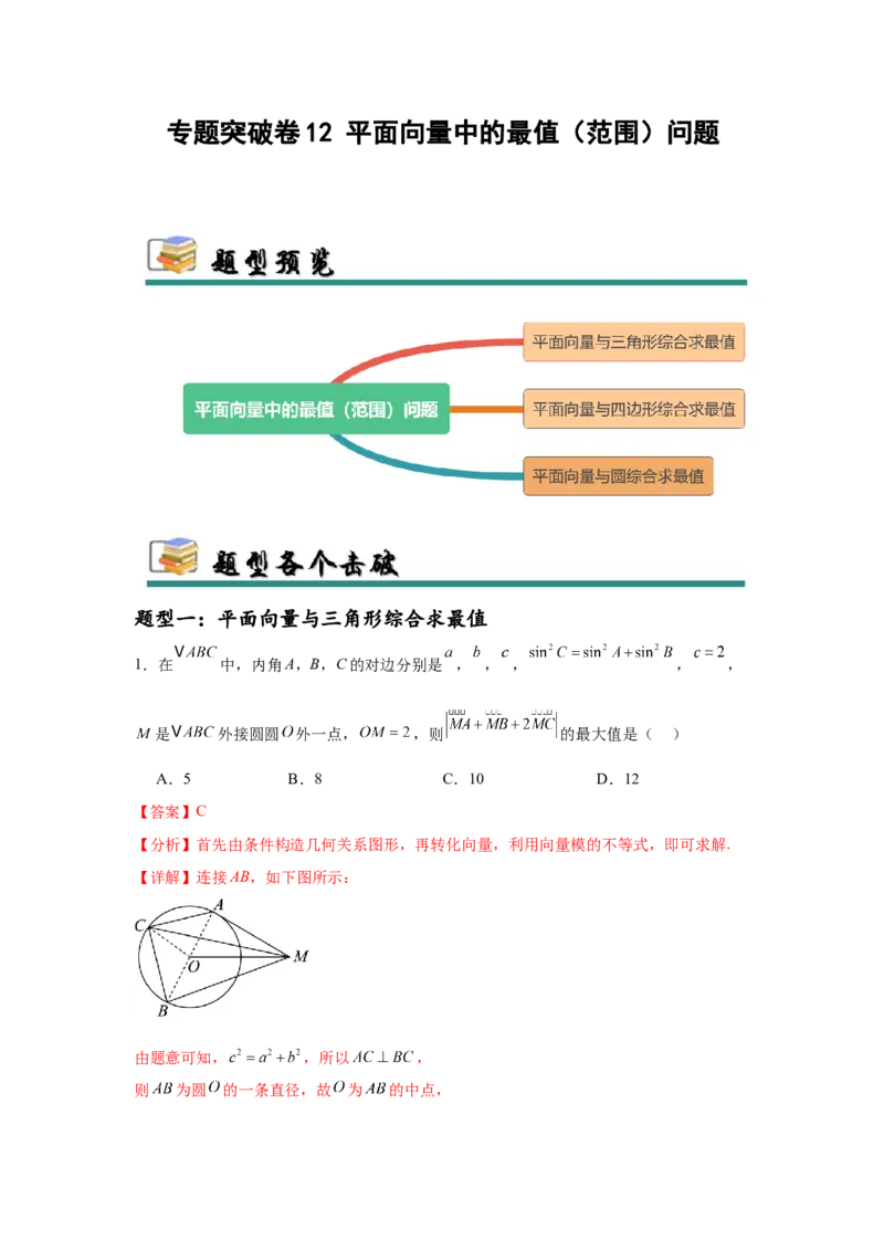 专题突破卷12平面向量中的最值（范围）问题（解析版）_02高考数学_2025年新高考资料_一轮复习_2025年高考数学一轮复习考点通关卷（新高考通用）