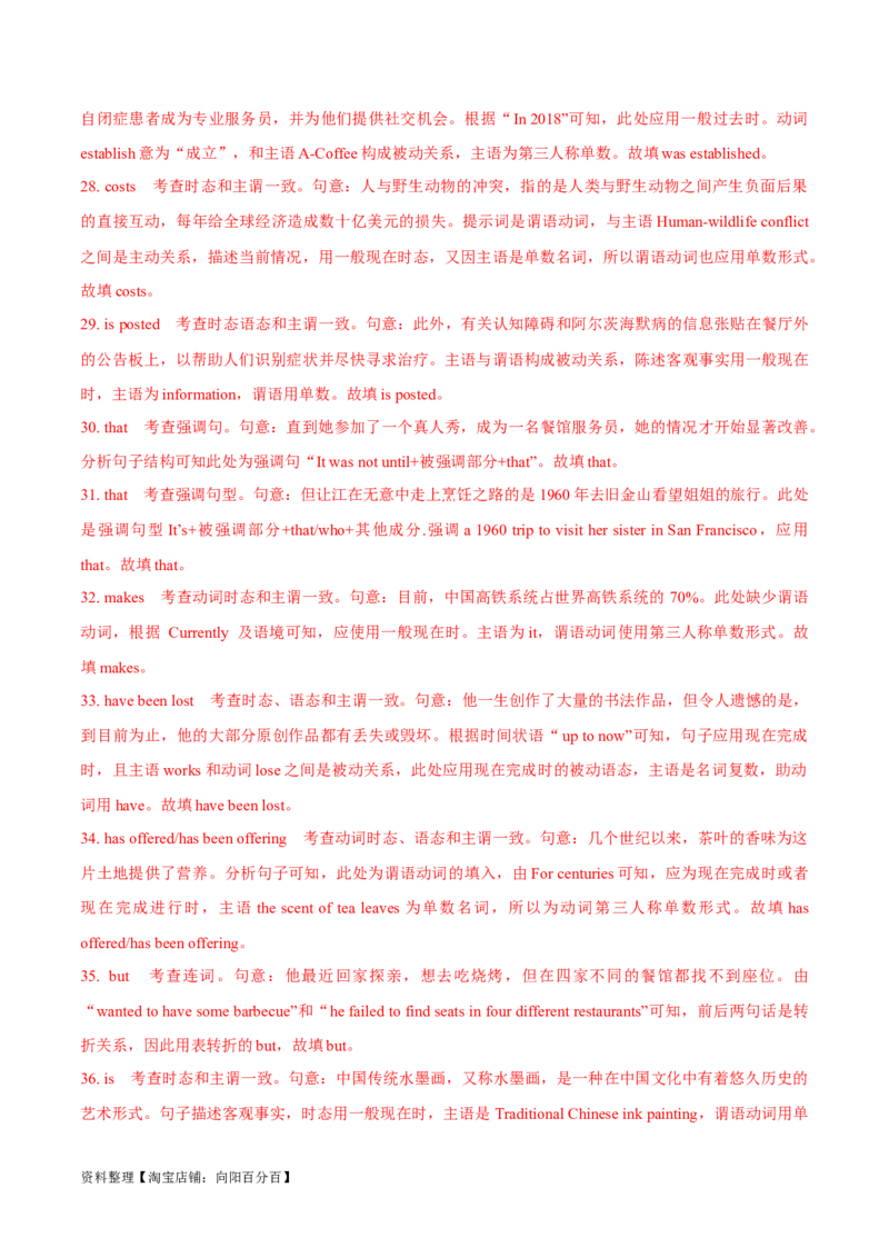 专题4.4主谓一致和特殊句式（冲击双一流&middot;单句语法填空60题+原创语法填空1篇)_03高考英语_新高考复习资料_2024年新高考资料_专项复习资料_第二部分语法知识专项突破（含原创试题）