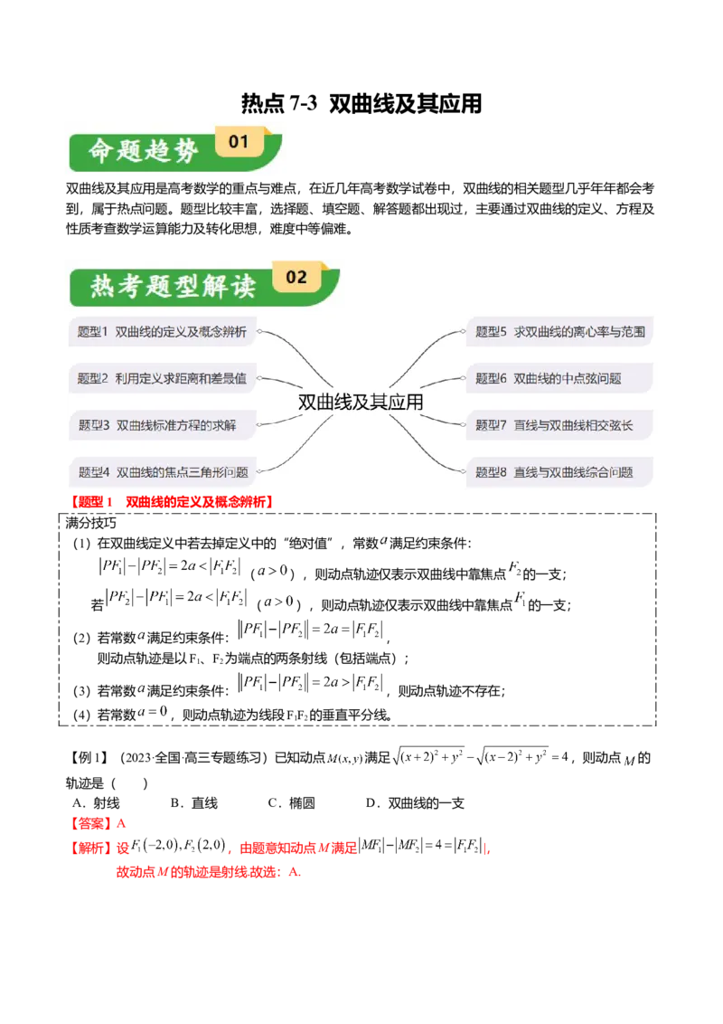 热点7-3双曲线及其应用（8题型+满分技巧+限时检测）（解析版）_2024年新高考资料_3.2024专项复习_2024年高考数学热点&middot;重点&middot;难点专练（新高考专用）