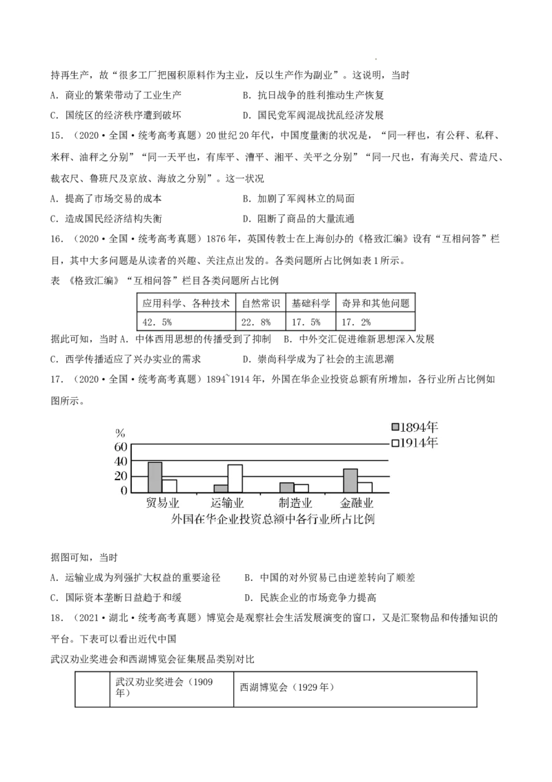 专题5近代中国的经济转型与社会生活的变迁真题与模拟测试（原卷版）_07高考历史_新高考复习资料_2023年新高考复习资料