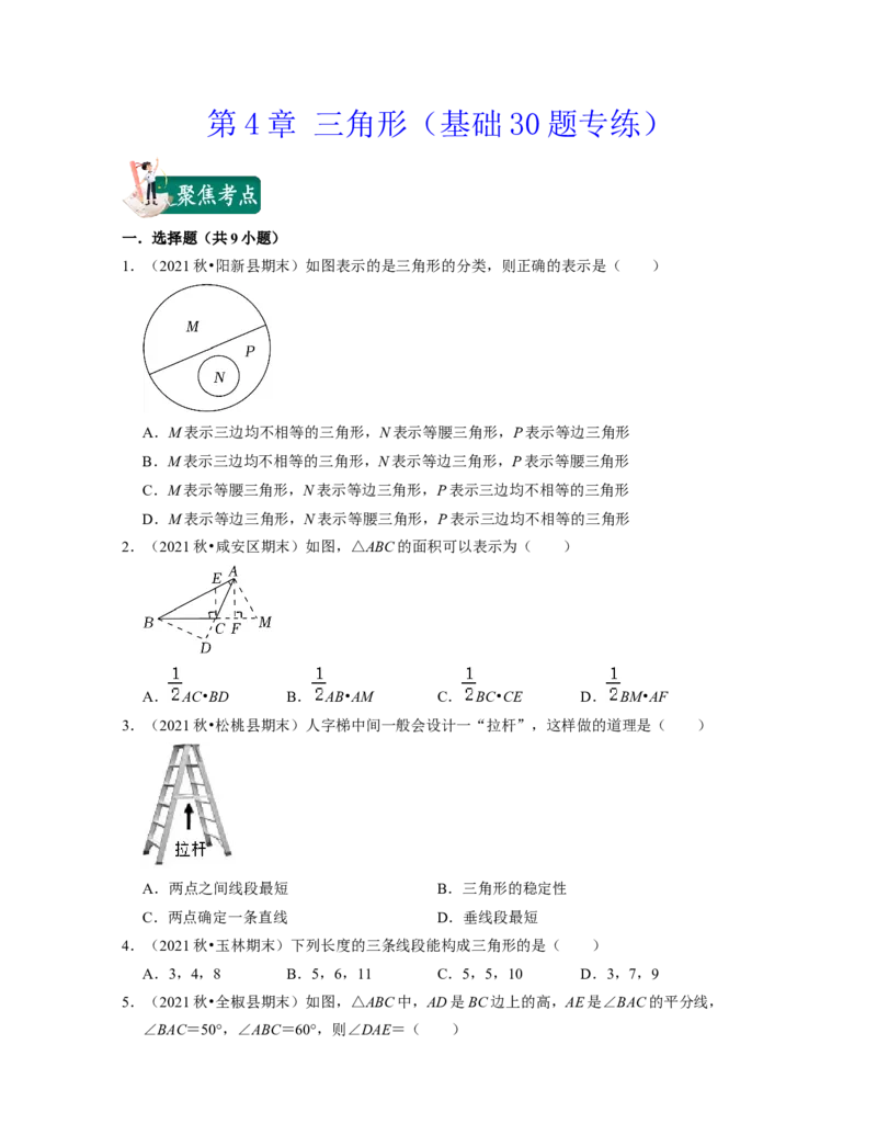 第4章三角形（基础30题专练）2021-2022学年七年级数学下学期考试满分全攻略（北师大版）（原卷版）_北师大初中数学_7下-北师大版初中数学_7下-初中数学北师大版（旧版）赠送_06专项讲练