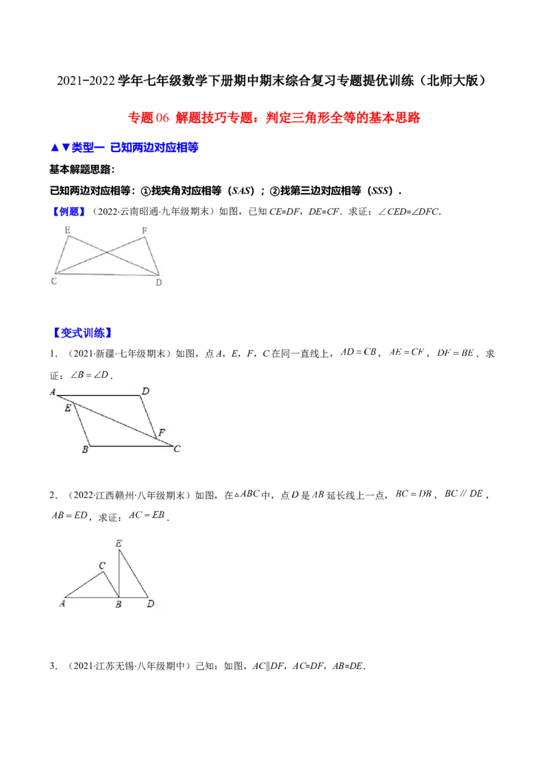 压轴突围专题06解题技巧专题：判定三角形全等的基本思路（原卷版）_北师大初中数学_7下-北师大版初中数学_7下-初中数学北师大版（旧版）赠送_06专项讲练