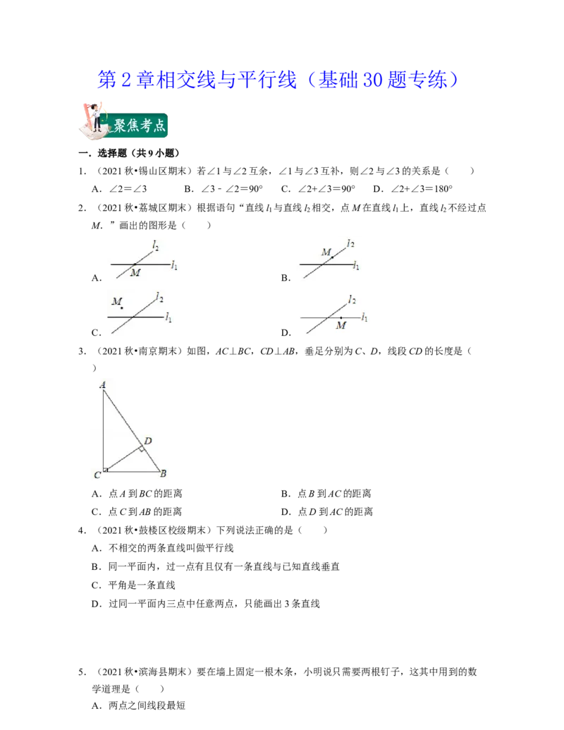 第2章相交线与平行线（基础30题专练）-2021-2022学年七年级数学下学期考试满分全攻略（北师大版）（原卷版）_北师大初中数学_7下-北师大版初中数学_7下-初中数学北师大版（旧版）赠送