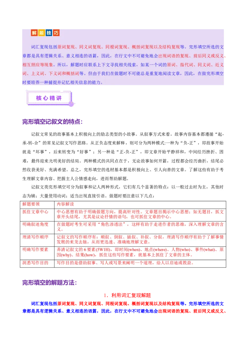 专题01完形填空记叙文（讲义）（原卷版）_2025年新高考资料_二轮复习_01高考语文等多个文件_上好课2025年高考英语二轮复习讲练测（新高考通用）_第五部分完形填空