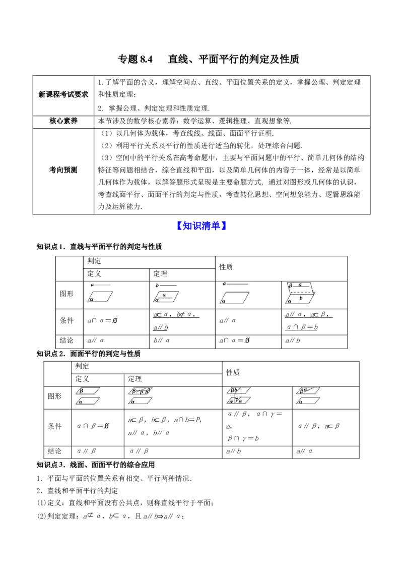 专题8.4直线、平面平行的判定及性质2022年高考数学一轮复习讲练测（新教材新高考）（讲）原卷版_02高考数学_新高考复习资料_2022年新高考资料