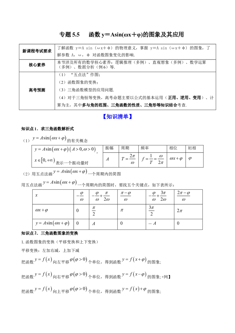 专题5.5函数y＝Asin(&omega;x＋&phi;)的图象及其应用2022年高考数学一轮复习讲练测（新教材新高考）（讲）原卷版_02高考数学_新高考复习资料_2022年新高考资料